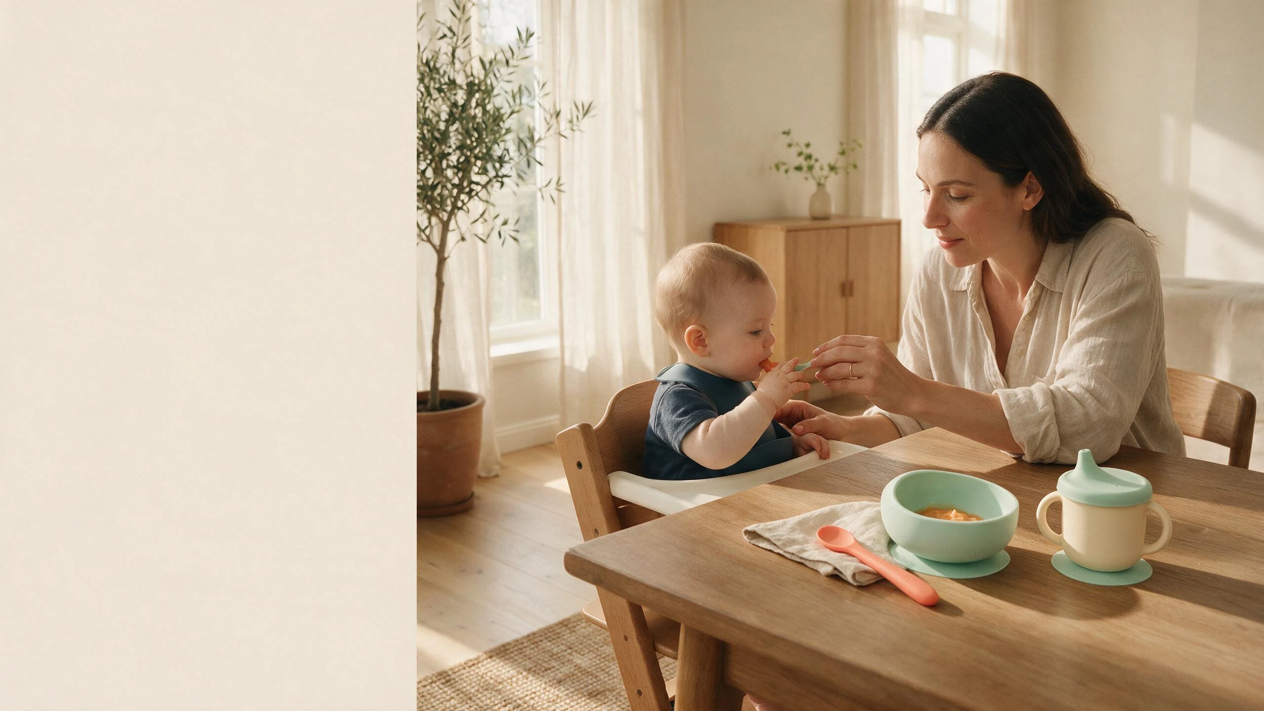 Mother gently supporting her baby during a mealtime with silicone bowl, spoon and training cup