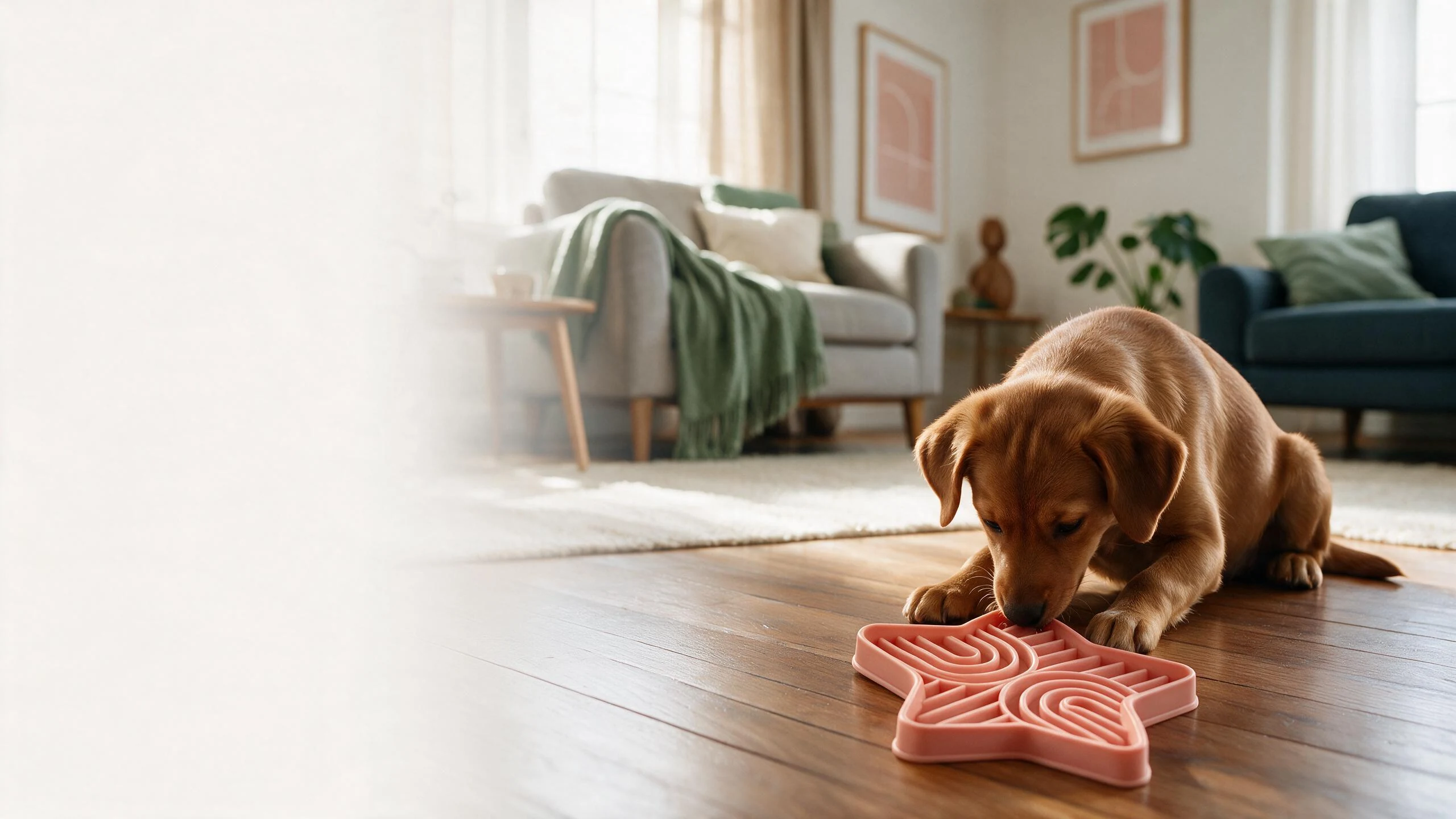 Puppy using a coral star-shaped silicone maze slow feeder in a sunlit home