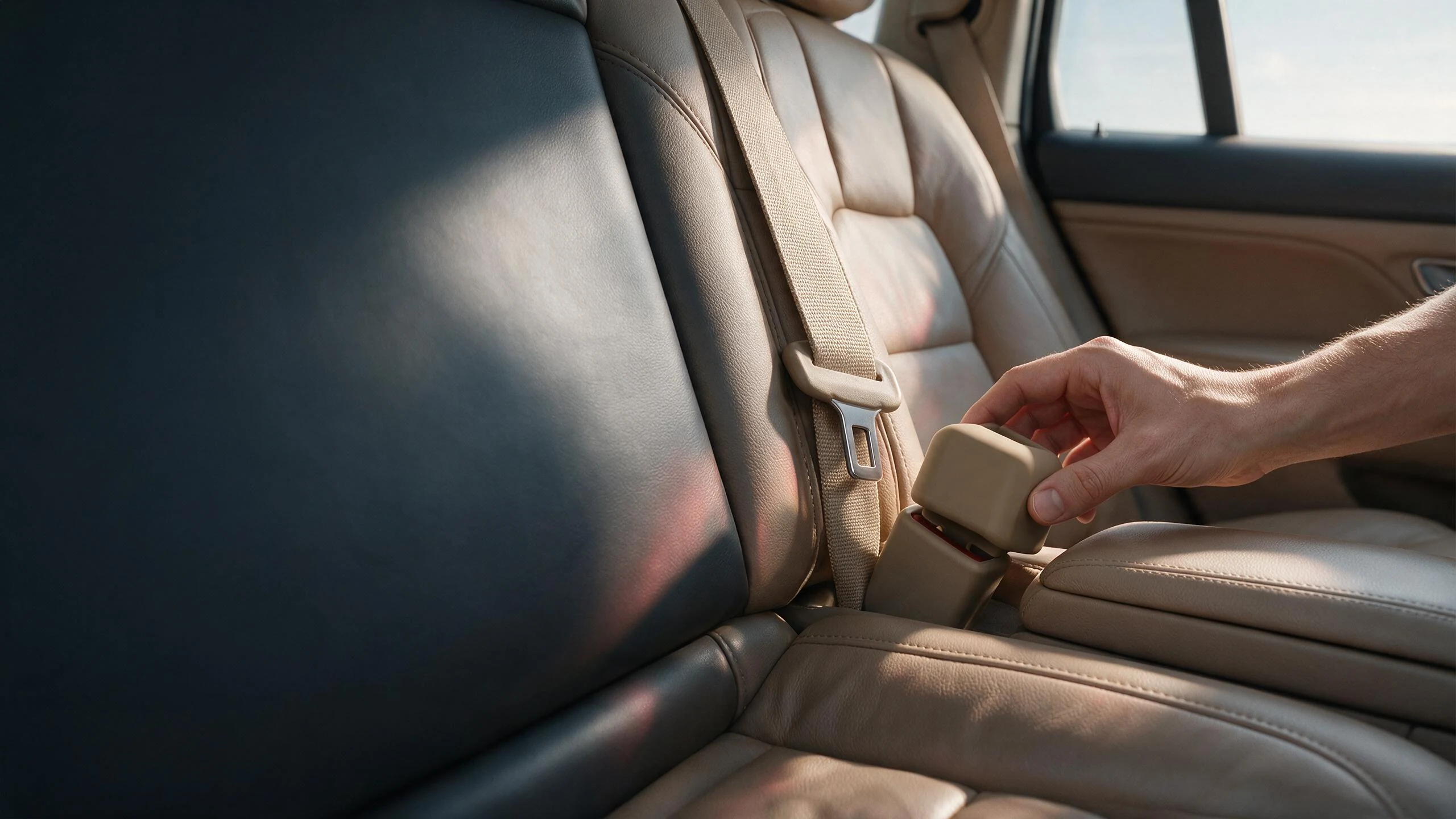 Silicone car seat belt slot retainer positioned beside a vehicle seat-belt buckle